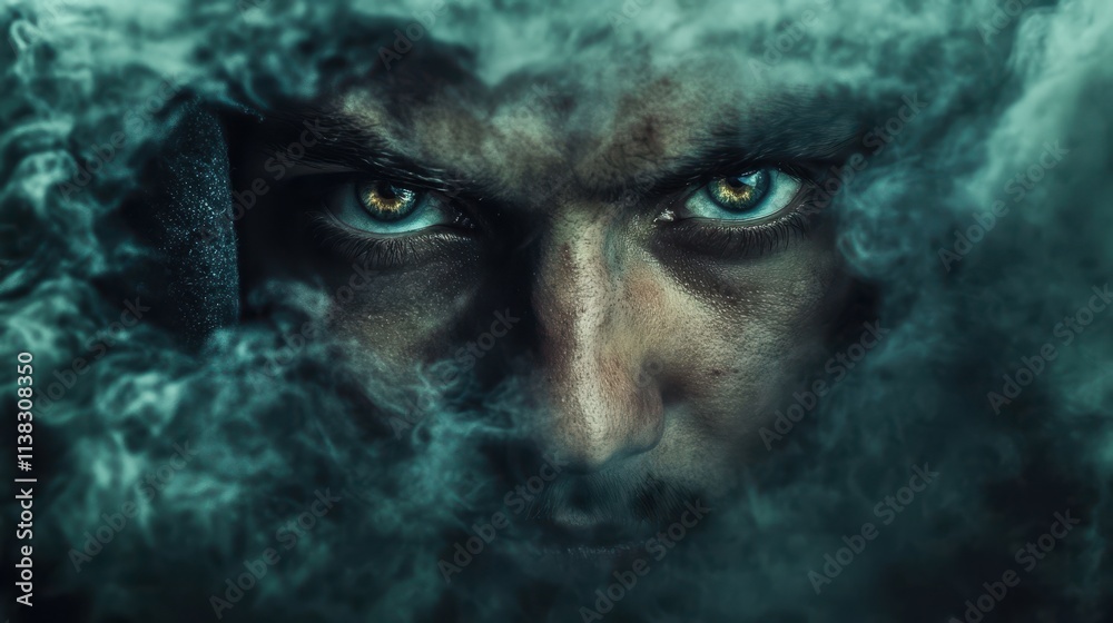 A mysterious figure emerges from the shadows with intense eyes that pierce through the fog, creating an atmosphere of suspense and intrigue in the image. A mysterious figure emerges from the shadows with intense eyes that pierce through the fog, creating an atmosphere of suspense and intrigue in the image.