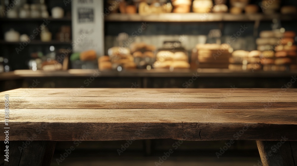 Wooden board empty table background. abstract blurred bakery shop background