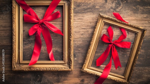 Set of label frames with red ribbons wrapped around them for decoration and celebration.