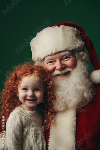 Isolated white baby girl in holiday lap on green background. Cheerful xmas, gorgeous baby girl! copy space. Green santa claus design theme. Kid christmas green. Santa claus green lap design. photo