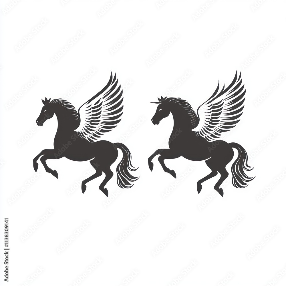Fototapeta premium Two majestic winged horses, pegasus, in profile view, against a white background.