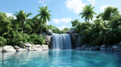 Serene waterfall surrounded by lush greenery and clear blue water.