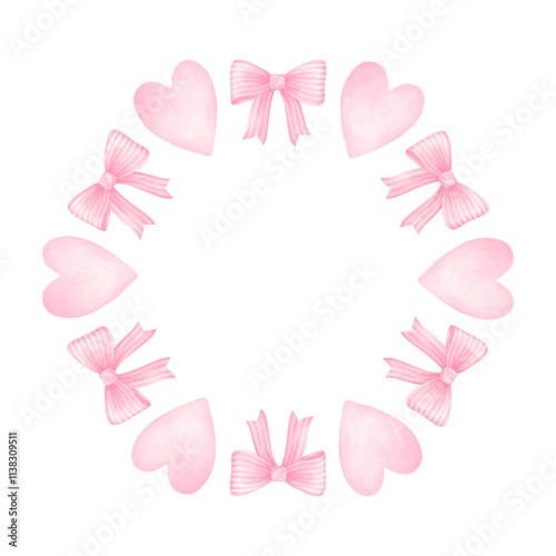 heart, bow. Watercolor round frame template in pastel colors for textile and wrapping paper. Cute watercolor illustration for Valentine's Day