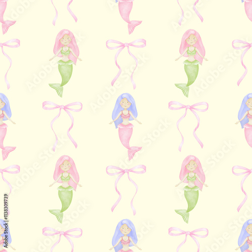 mermaid, bow. Watercolor seamless pattern in pastel colors for textile and wrapping paper. Cute underwater world illustration for kids
