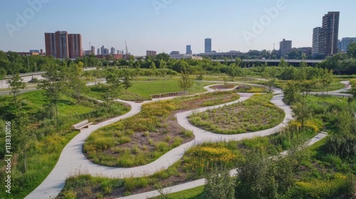 Urban park with restored habitats for local species