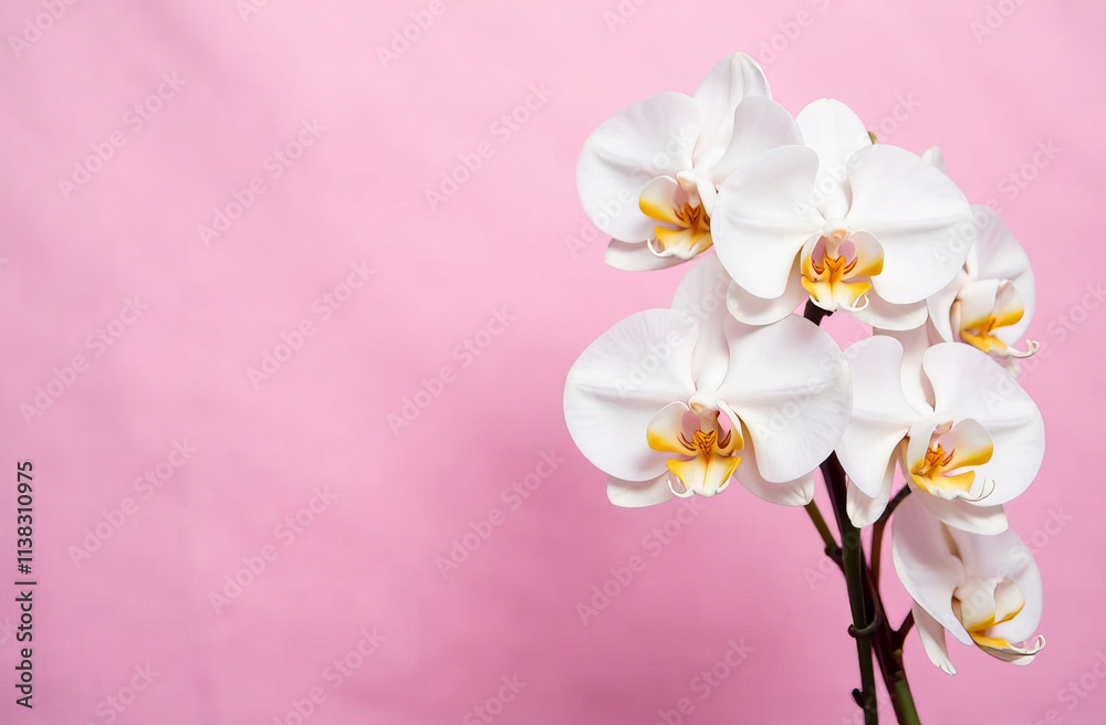 Fototapeta premium White orchid flowers on pink background, empty space for text, Mother's Day card.