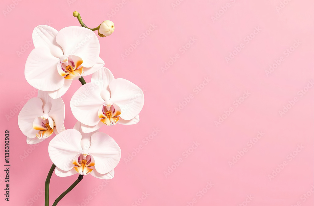 Fototapeta premium White orchid flowers on pink background, empty space for text, Mother's Day card.