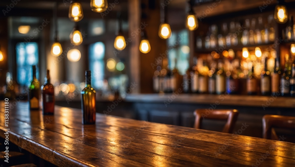 Rustic wooden bar countertop with a warm, ambient background of blurred bottles Rustic wooden bar countertop with a warm, ambient background of blurred bottles