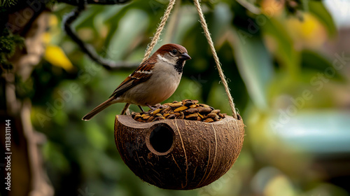 Sparrow Perched on Organic Bird House with Coconut Shell Filled in Front photo