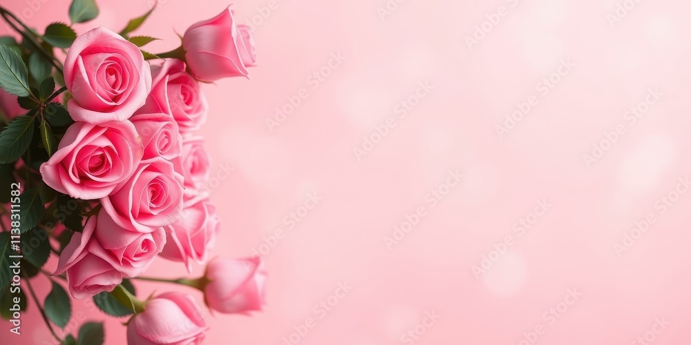 Fototapeta premium Pink roses in delicate bloom, arranged in a romantic bouquet against a soft pastel background