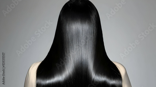 A back view of luxurious straight ebony black hair, isolated against a transparent backdrop.