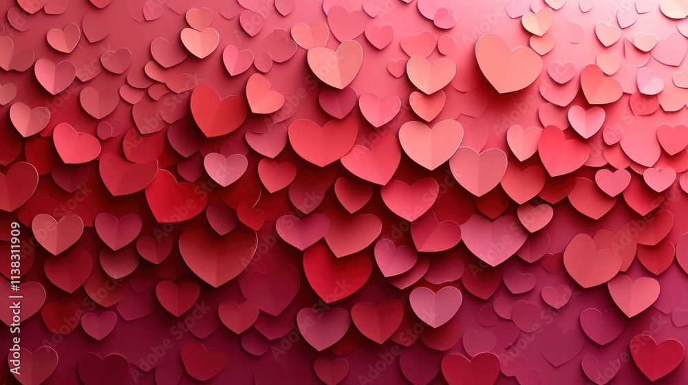 Abstract background with many overlapping paper hearts in varying shades of red and pink.