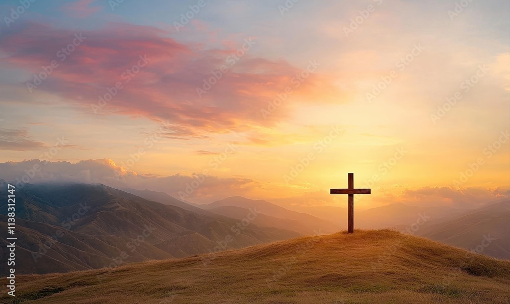 Crucifixion of Jesus Christ symbolized by a cross at sunset over distant mountains