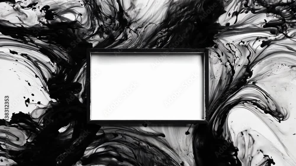 Abstract black ink swirling around a rectangular frame on a white background, creating a dramatic and artistic visual with fluid, dynamic motion