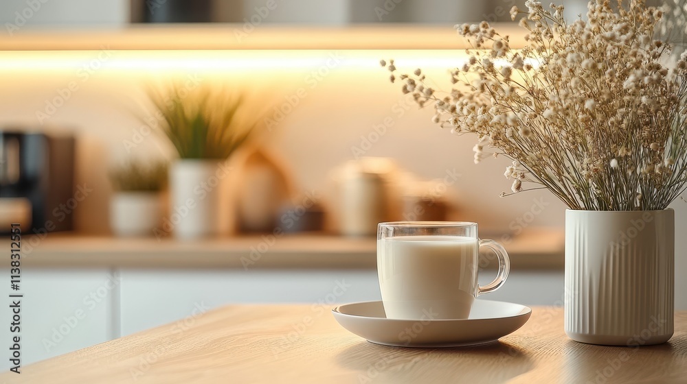 Obraz premium Chic Modern Kitchen Corner with Sleek Wooden Table, Coffee Cup, and Decorative Flower Vase for Stylish Interiors