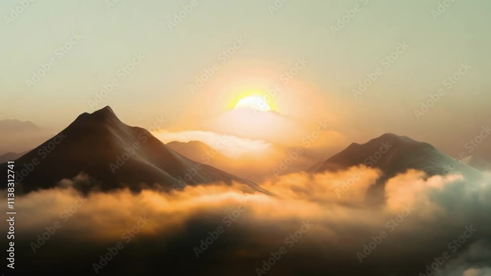 Majestic sunrise over serene mountain peaks, with soft mist and golden light creating a tranquil and atmospheric landscape Majestic sunrise over serene mountain peaks, with soft mist and golden light creating a tranquil and atmospheric landscape