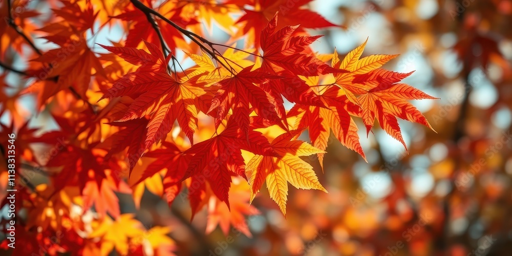 Close-up of Vibrant Autumn Leaves, Showing a Tapestry of Red and Orange Hues, Illuminated by Gentle Sunlight Close-up of Vibrant Autumn Leaves, Showing a Tapestry of Red and Orange Hues, Illuminated by Gentle Sunlight