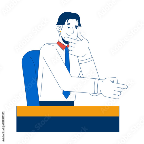 Thoughtful employee giving ideas at desk 2D cartoon character. Korean man office worker finger pointing. Mentor recommend isolated person flat vector on white background. Spot illustration colorful