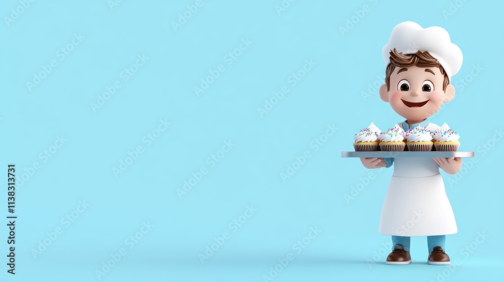 Cheerful cartoon chef holding a tray of colorful cupcakes. Cheerful cartoon chef holding a tray of colorful cupcakes.