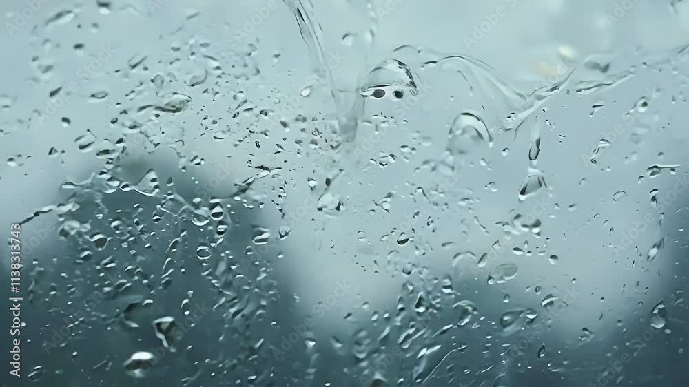 Close-up of raindrops on a windowpane during a gloomy day.