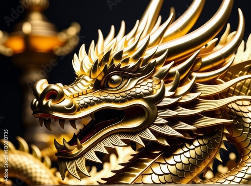 Golden dragon sculpture showcases intricate artistry in a traditional setting photo