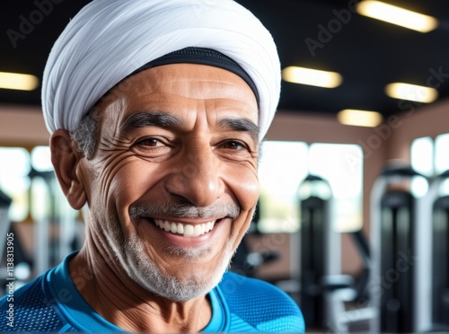 Elderly man smiles while exercising in a modern gym during daytime