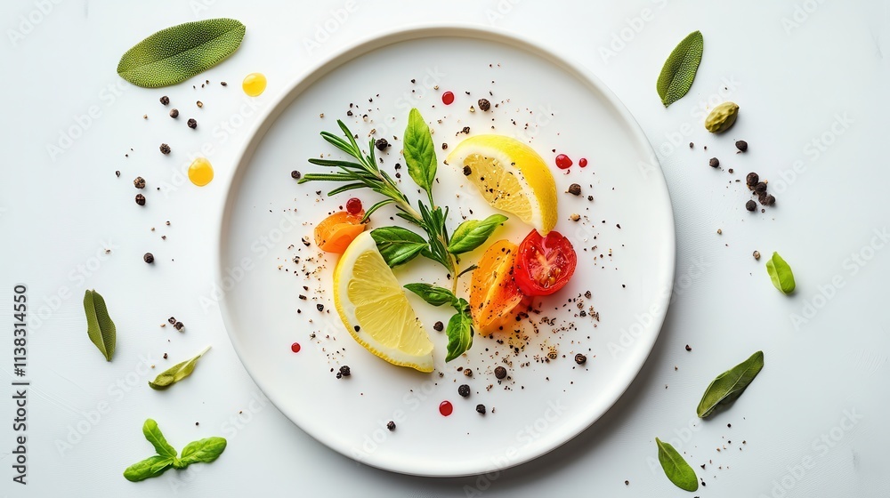 Artistic Arrangement of Fresh Ingredients on a White Plate with Herbs and Citrus Fruits Garnished Elegantly Artistic Arrangement of Fresh Ingredients on a White Plate with Herbs and Citrus Fruits Garnished Elegantly