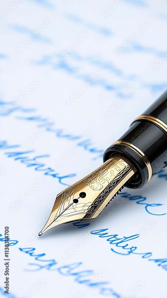 Fototapeta premium Elegant Gold Fountain Pen Writing Blue Ink on Paper