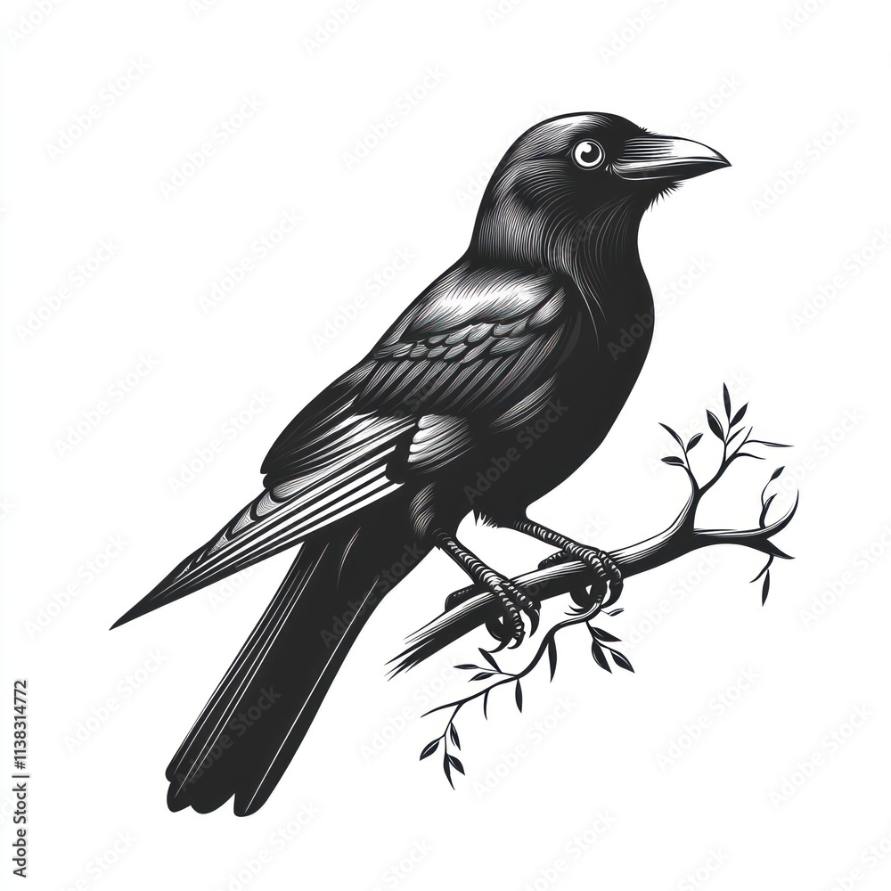Fototapeta premium Black crow perched on a branch, detailed ink drawing.