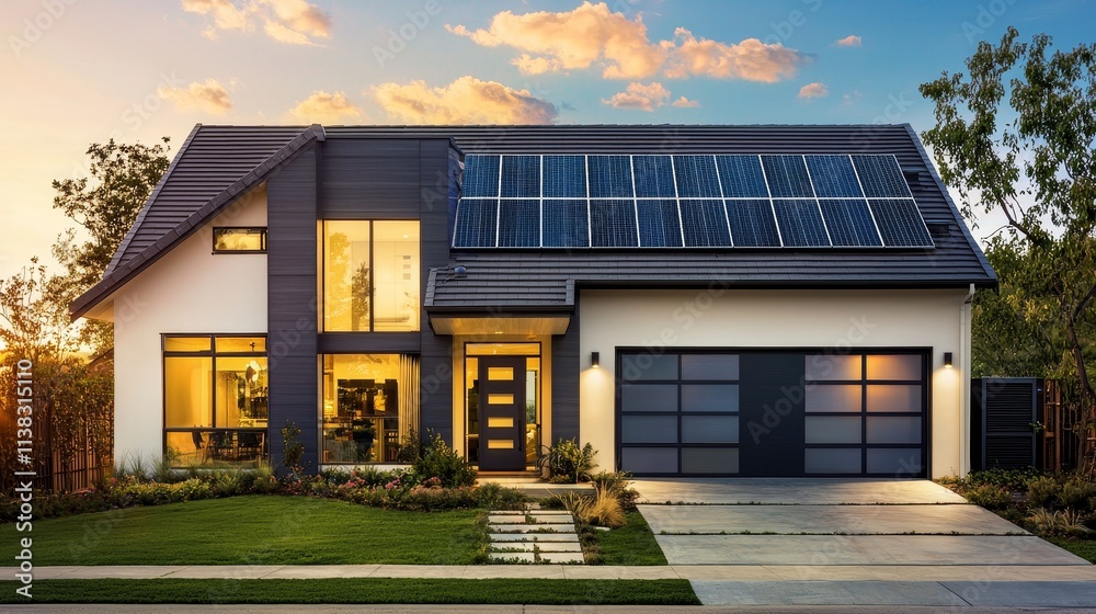 Contemporary Dream Home with Solar Panels at Sunset Contemporary Dream Home with Solar Panels at Sunset