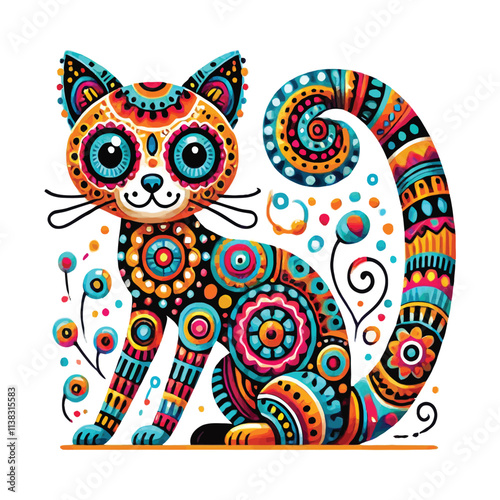 cat Alebrije vector illustration  on white background, bright colorful, cartoon style