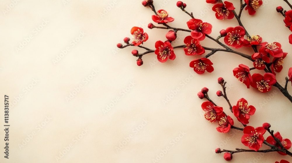 Red apricot blossom branch on soft color background. Flat lay. Chinese new year decoration. with copy space Red apricot blossom branch on soft color background. Flat lay. Chinese new year decoration. with copy space