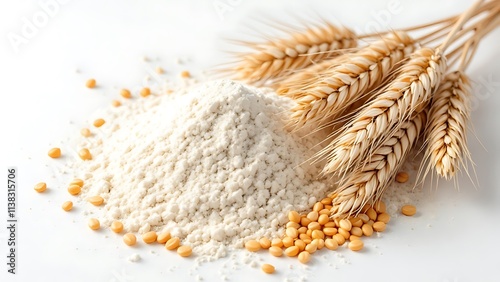 Top view of an integral rye flour pile isolated on a white background. Top view of rye flour isolated on a white background. a heap of whole spelt wheat flour isolated on a white background.
