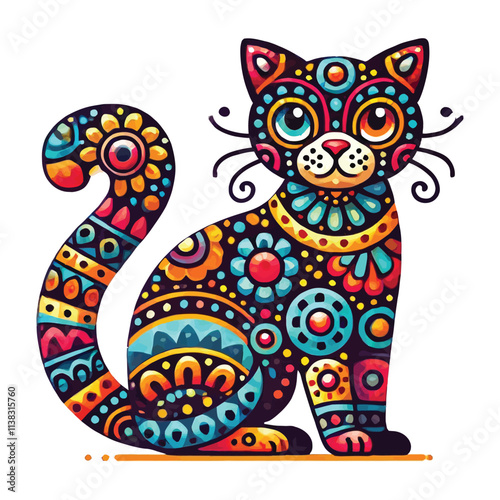 cat Alebrije vector illustration  on white background, bright colorful, cartoon style