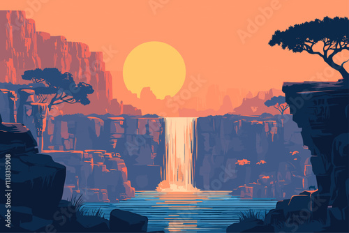 African landscape with waterfall. Horizontal background. Tipical nature mountains rocks round shape sun dry grass. Tourism journey travelling game design backdrop. Simple flat cartoon style vector