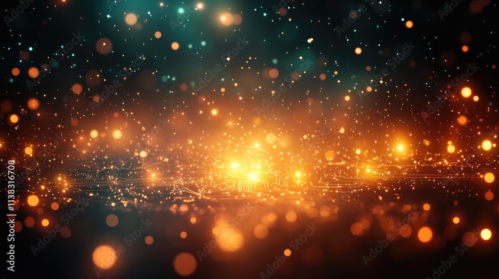 Fototapeta premium Abstract golden and teal bokeh lights on dark background.