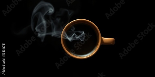 A solitary mug of coffee, still steaming, sits on a black background, the faintest tendrils of smoke curling upwards, a simple image of warmth and comfort. photo