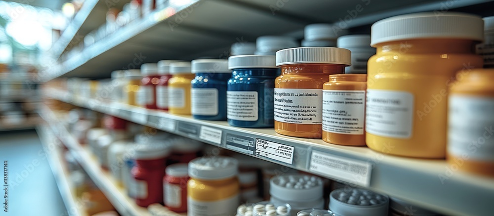 Pharmacy shelves stocked with various prescription medication jars. Pharmacy shelves stocked with various prescription medication jars.
