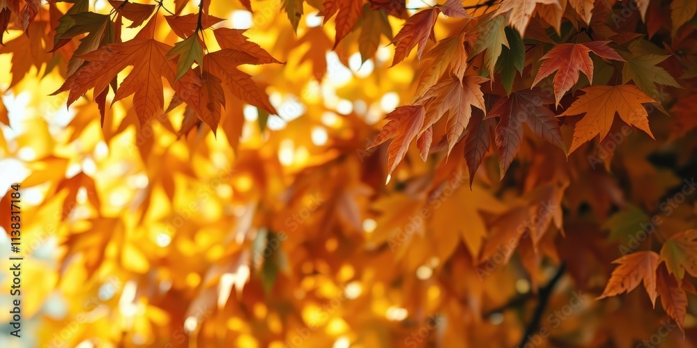 Autumnal foliage, a vibrant display of orange and red leaves, casting a warm glow on the background Autumnal foliage, a vibrant display of orange and red leaves, casting a warm glow on the background