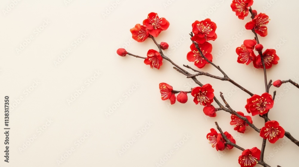 Red apricot blossom branch on soft color background. Flat lay. Chinese new year decoration. with copy space Red apricot blossom branch on soft color background. Flat lay. Chinese new year decoration. with copy space