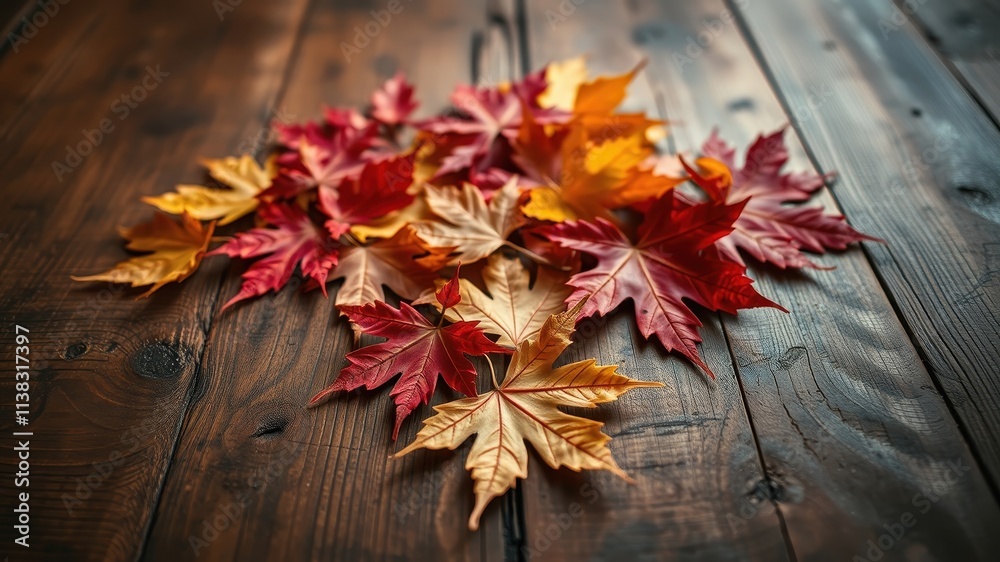 A cluster of vibrant red and yellow leaves scattered across a weathered wooden surface, showcasing the beauty of autumn's changing colors. A cluster of vibrant red and yellow leaves scattered across a weathered wooden surface, showcasing the beauty of autumn's changing colors.