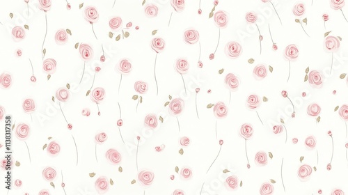 Cute pink and white seamless pattern with small pink rose petals, creating a charming retro atmosphere. Very suitable for baby room decoration and children's fashion accessories