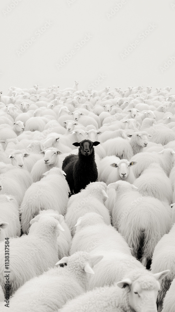 Obraz premium Flock of white sheep. In the centre a single black sheep. Concept of diversity, originality.