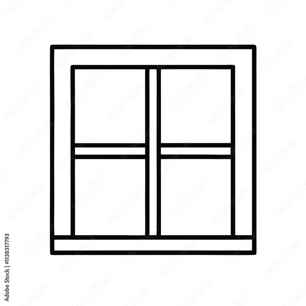 a line drawing of a window. It is a rectangular window with four panels, a line drawing of a window. It is a rectangular window with four panels,
