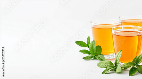 Three clear glass glasses with infusions on a white background. Mint leaves. Copy space.