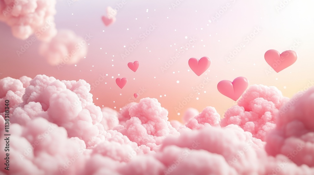Fototapeta premium Dreamy Pastel Pink Sky Filled with Fluffy Clouds and Floating Hearts in a Surreal Composition of Soft Colors