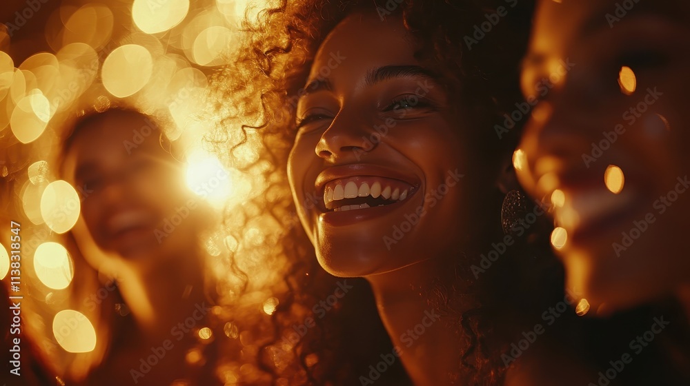 Joyful Gathering of Friends Enjoying a Light-Hearted Moment with Warm Bokeh Background and Genuine Smiles