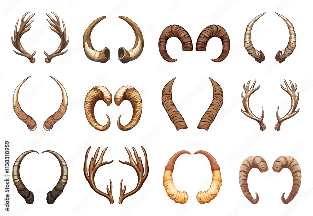 Obraz premium Animal horns set. Pair of wild parnopod horns. Various species. Ram deer elk buffalo goat anthilope. Symbol of strength power and aggression. Educational poster material. Cartoon style isolated vector
