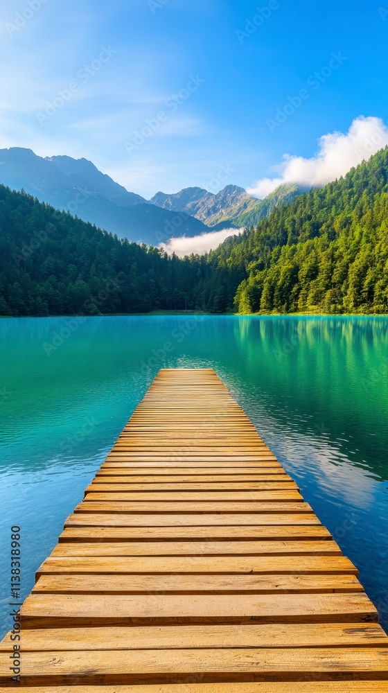 Serene Mountain Lake Wooden Dock Tranquil Nature Scenery Serene Mountain Lake Wooden Dock Tranquil Nature Scenery