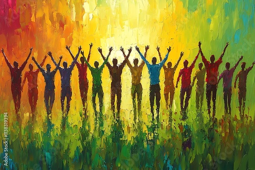 A painterly composition of dancing figures, each wearing culturally distinct attire rendered in rich jewel tones. These figures curve gracefully inward, forming a loose heart shape. Their movements 